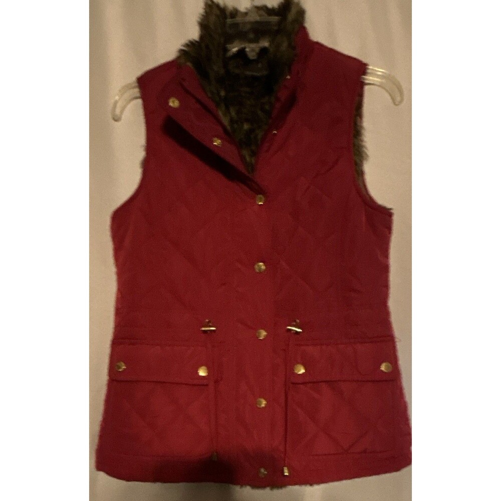 Fenn Wright Manson Red Quilted Faux Fur Trim Snap Vest Mid-Length Size Small